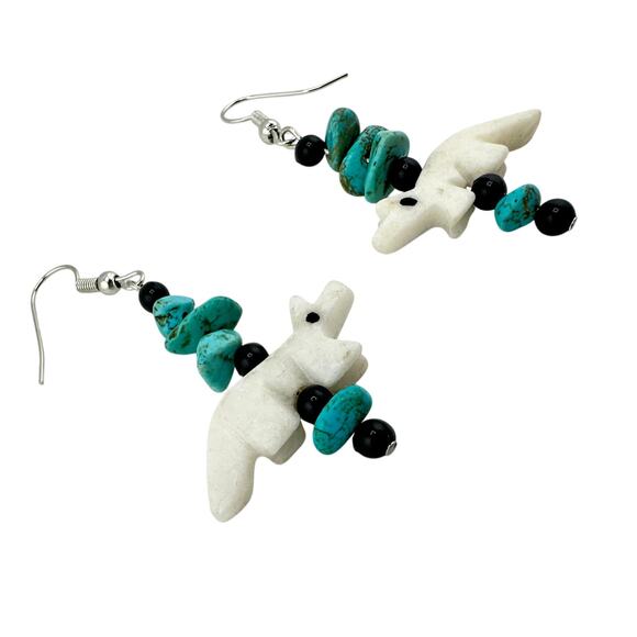 Handmade Upcycled Vintage Faux Turquoise Carved Wolf Fox Dangle Drop Earrings - Picture 2 of 4